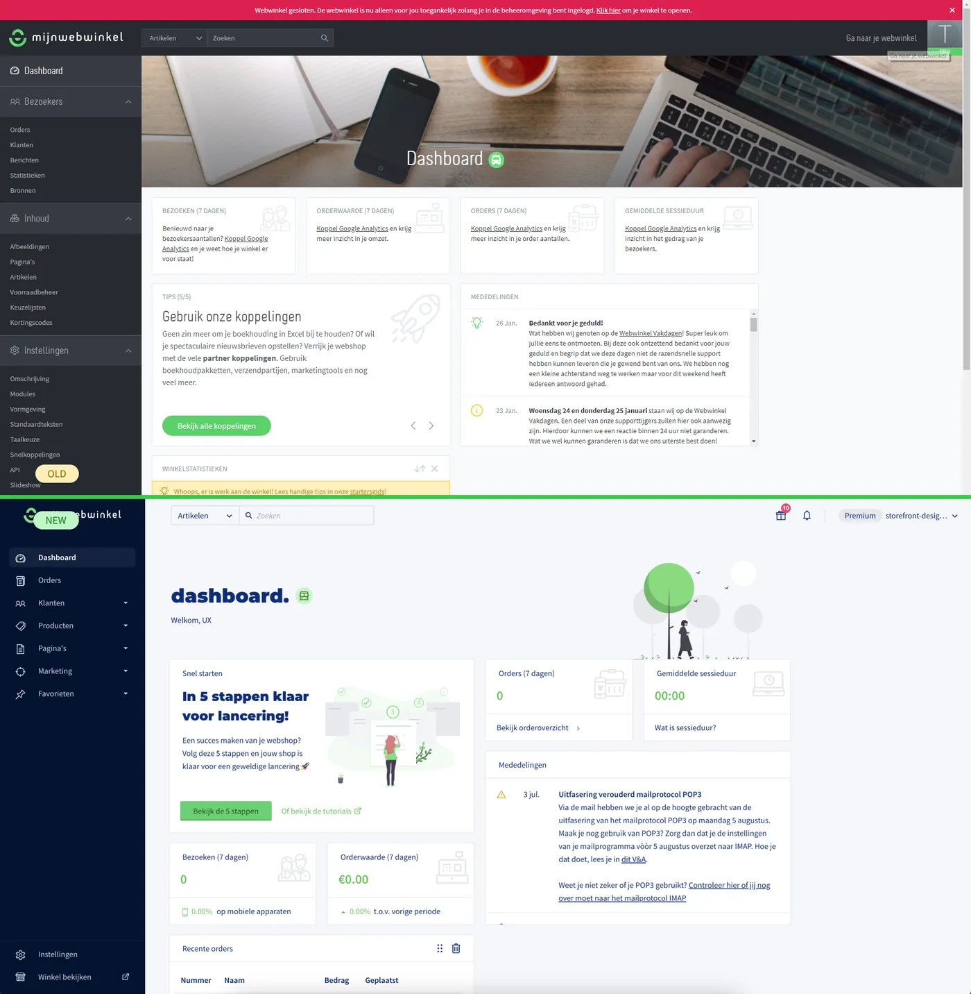Het dashboard van de beheeromgeving voor en na Bricks