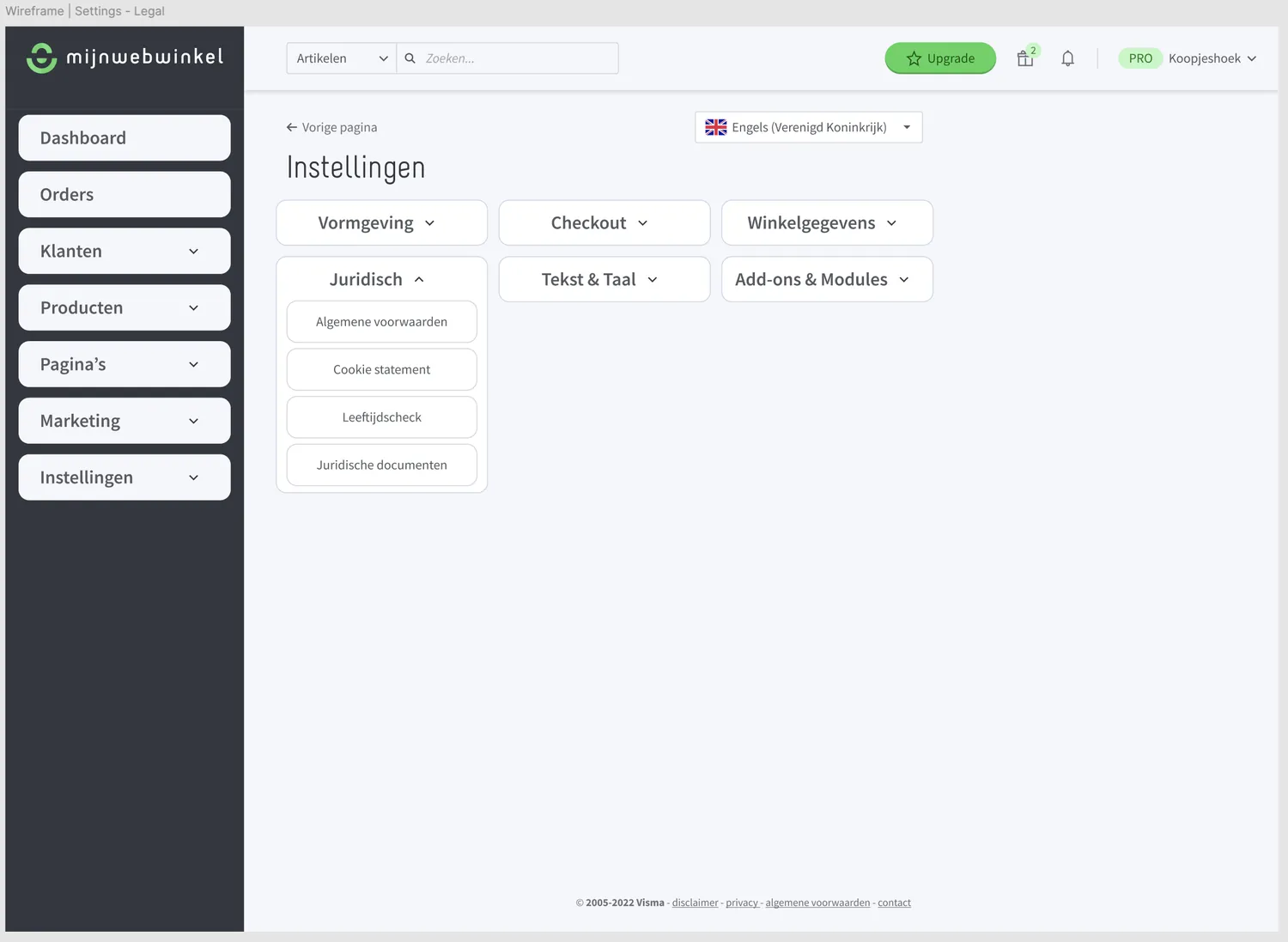 Wireframe van het nieuwe hoofdmenu