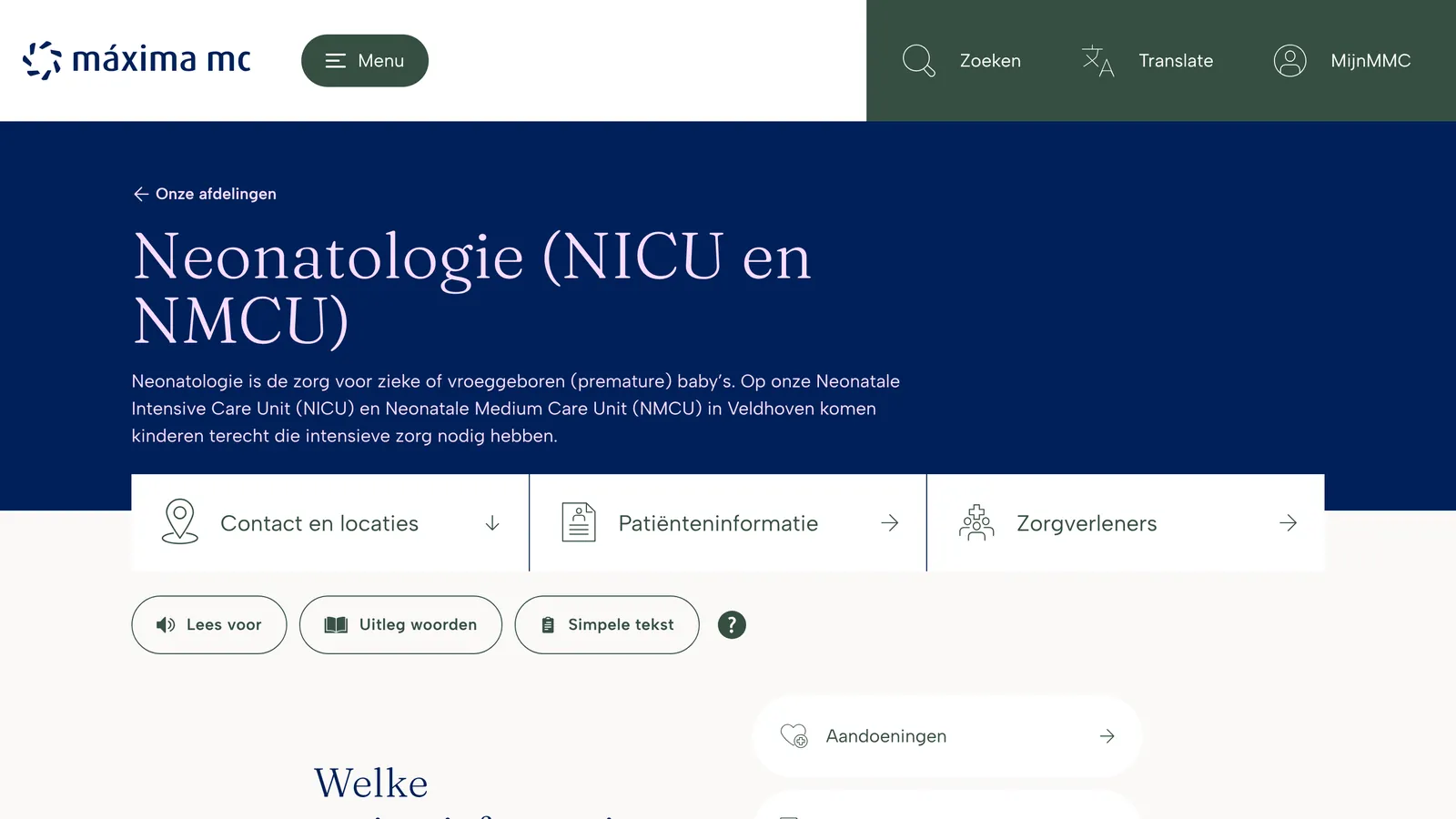 De pagina van de afdeling Neonatologie van Máxima MC
